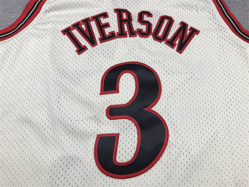 Men's Philadelphia 76ers Allen Iverson #3 Cream Chainstitch Swingman Jersey1