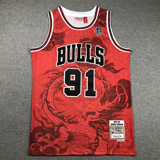 Men's Chicago Bulls Dennis Rodman #91 Red Year of Dragon Edition Swingman Jersey1