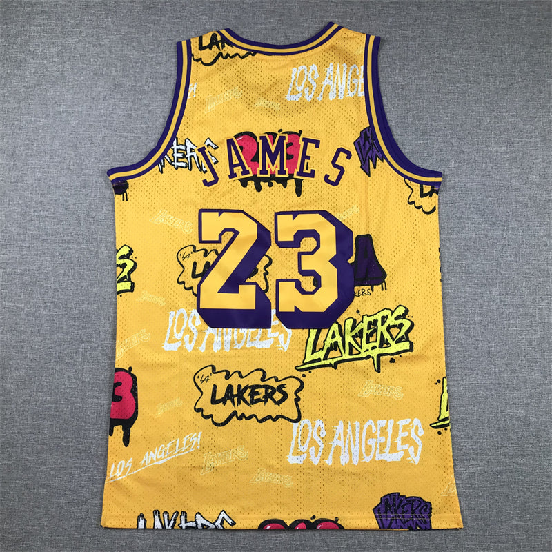 Men's Los Angeles Lakers LeBron James #23 Yellow Swingman Graffiti Edition Jersey1