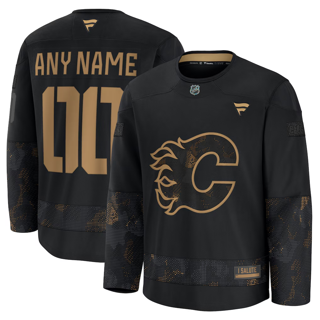 Men's Calgary Flames Fanatics Black 2024 Military Appreciation Practice Custom Jersey
