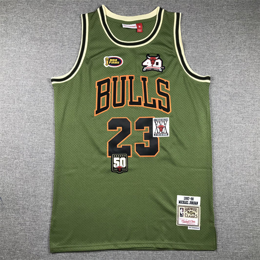 Men's Chicago Bulls Michael Jordan #23 Army Green 1997-98 Hardwood Classics Swingman Jersey1