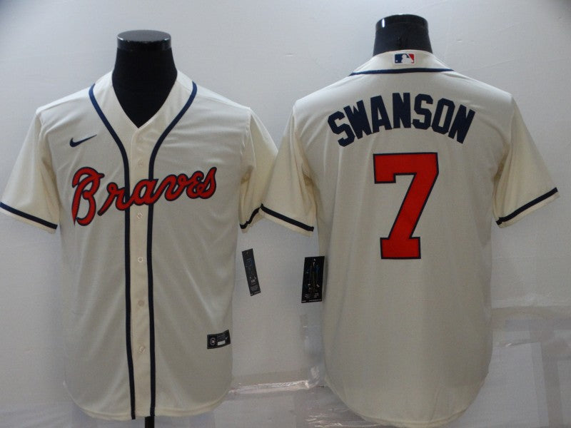 Men's Atlanta Braves Dansby Swanson #7 Beige Replica Player Jersey1