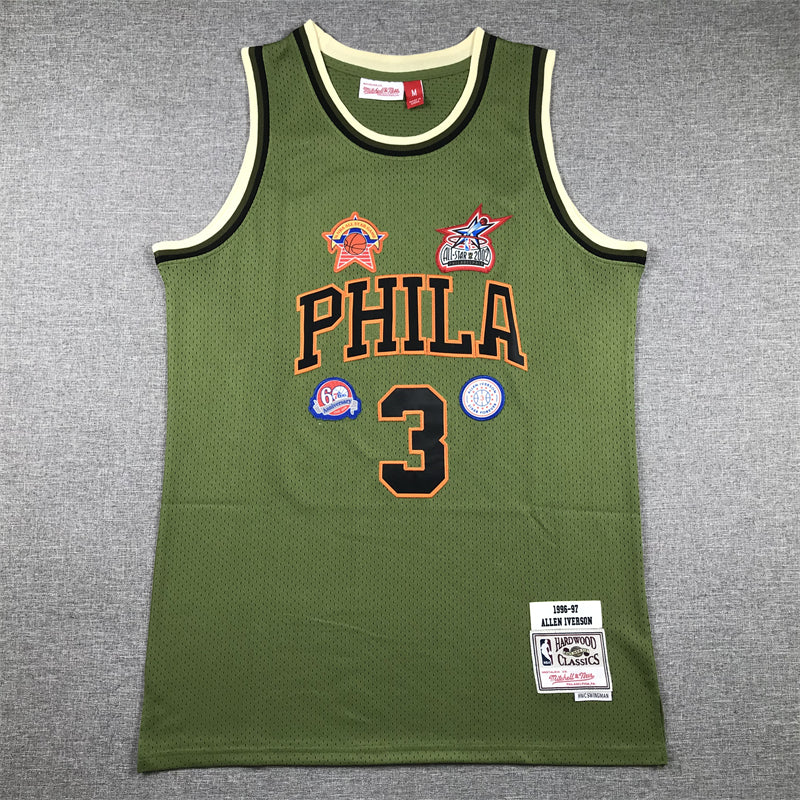 Men's Philadelphia 76ers Allen Iverson #3 Army Green 1996-97 Hardwood Classics Swingman Jersey1