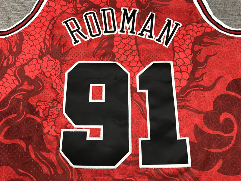 Men's Chicago Bulls Dennis Rodman #91 Red Year of Dragon Edition Swingman Jersey1
