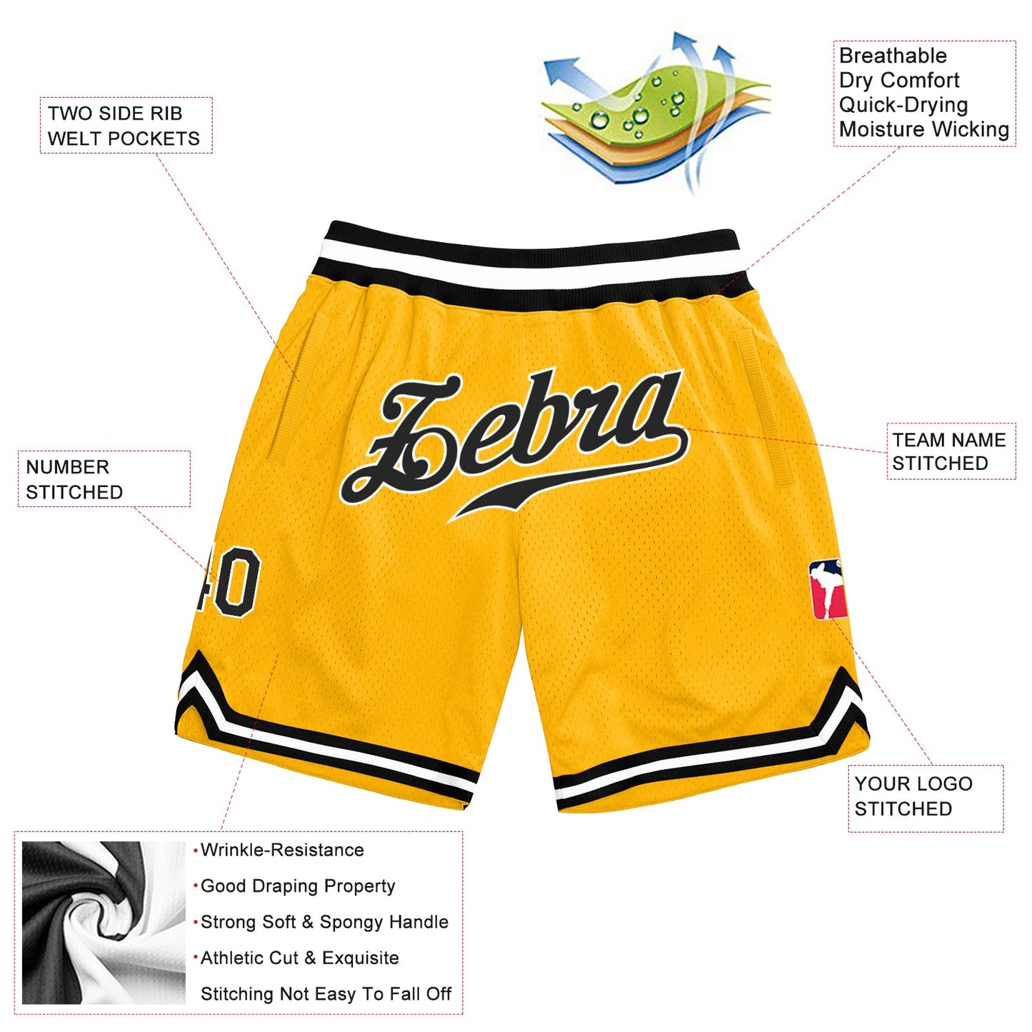 Custom Gold Black White Basketball Shorts - 2