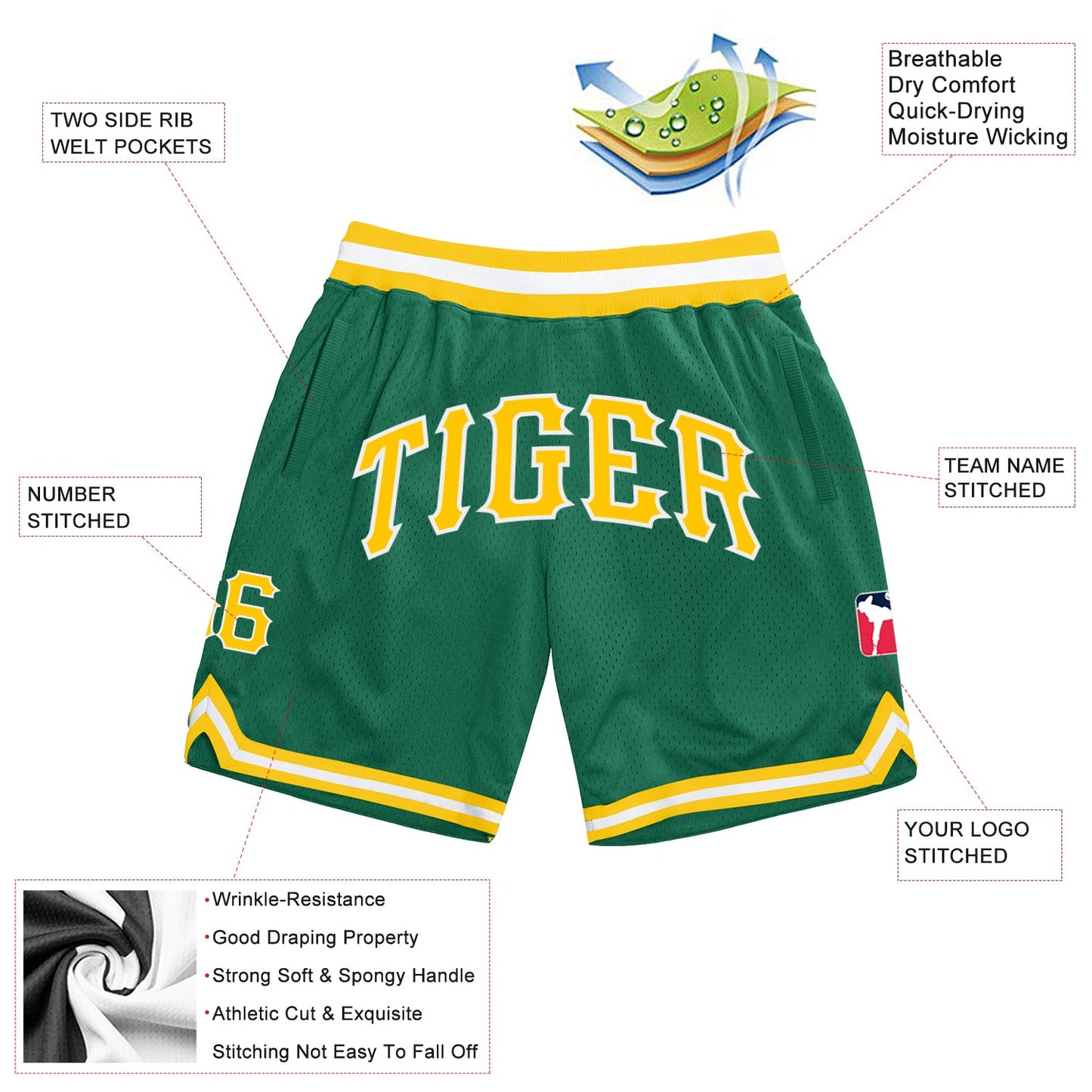 Custom Kelly Green Gold White Basketball Shorts - 2