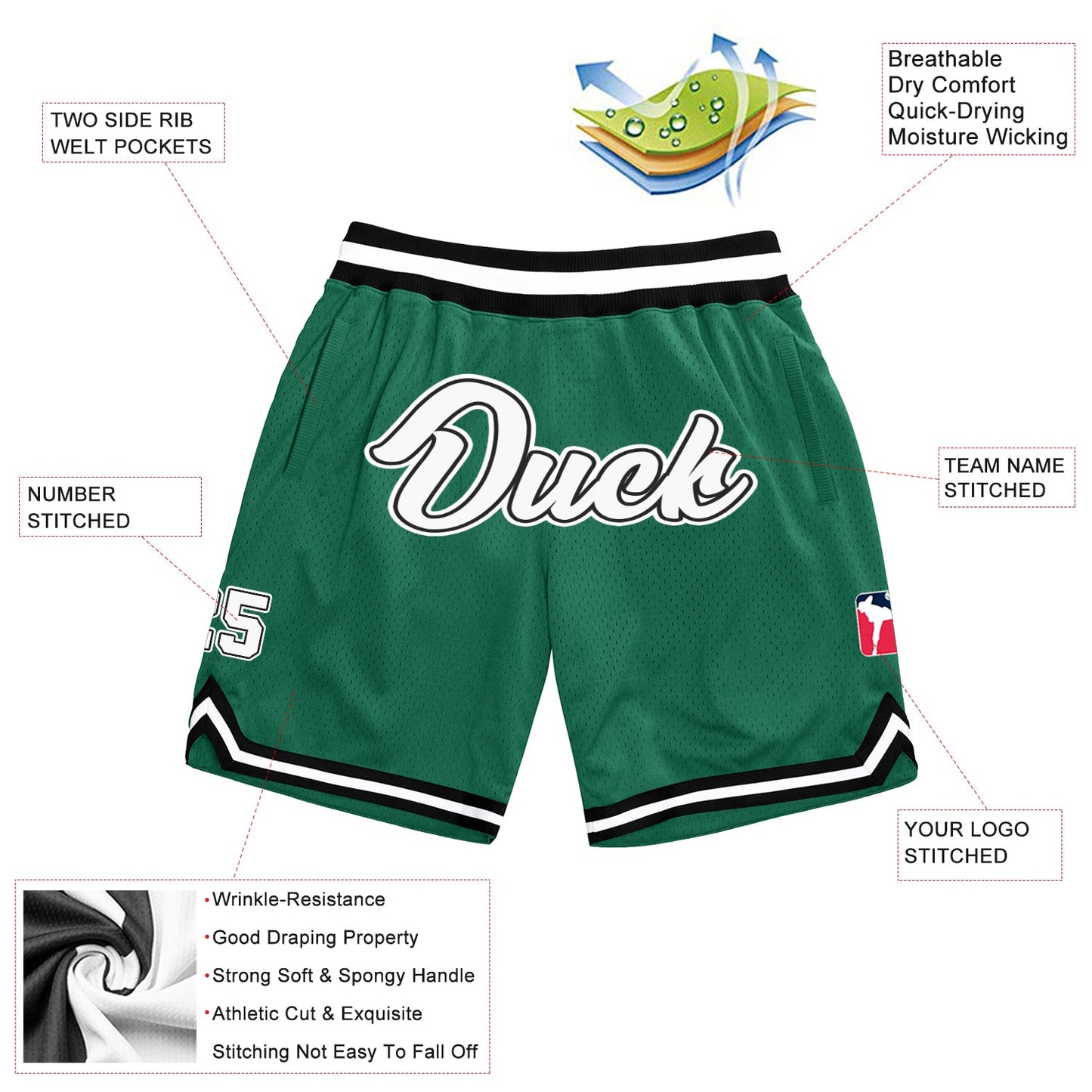 Custom Kelly Green White Black Basketball Shorts - 2