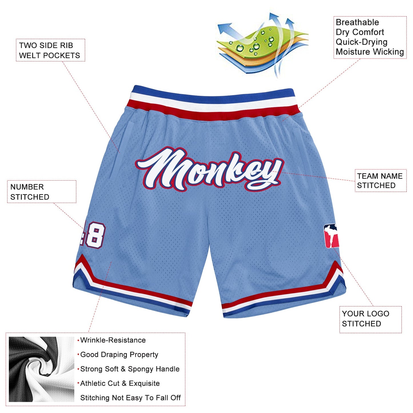 Custom Light Blue White Royal Basketball Shorts - 2
