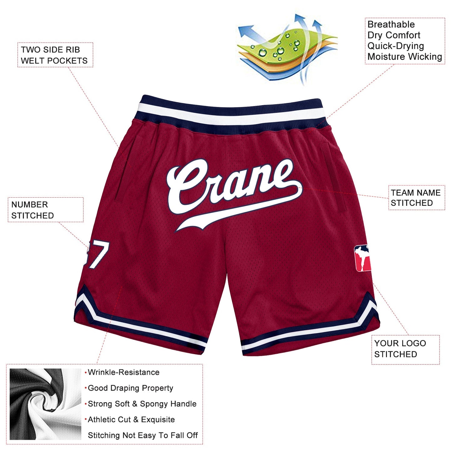 Custom Maroon White Navy Basketball Shorts - 2