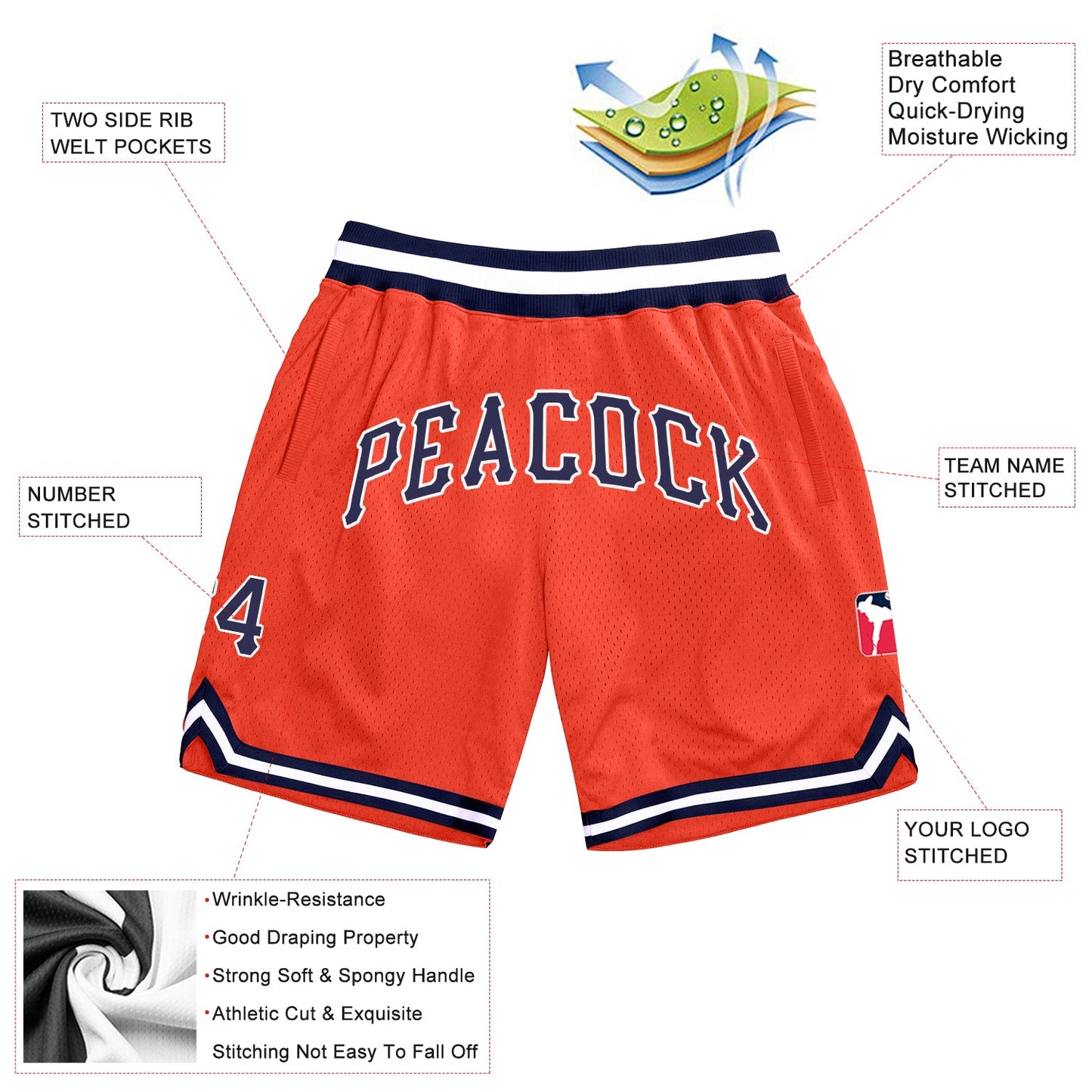 Custom Orange Navy White Basketball Shorts - 2