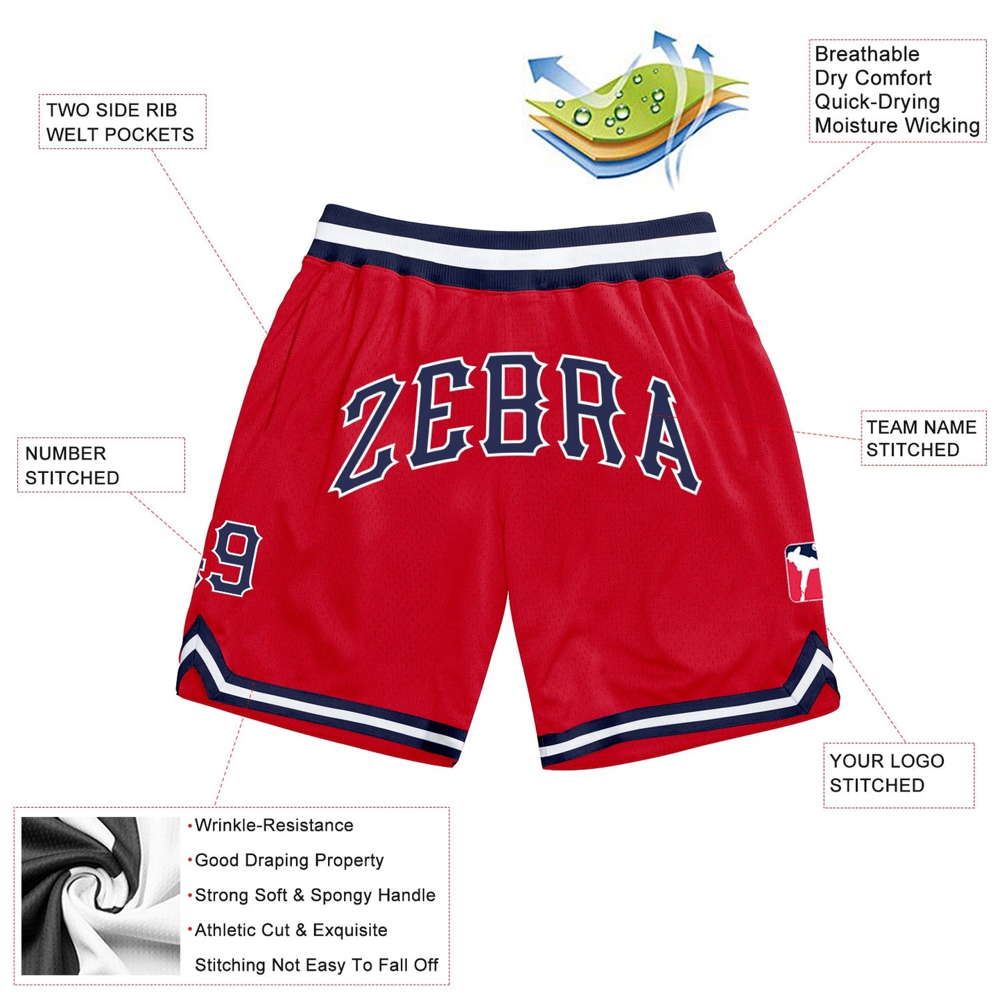 Custom Red Navy White Basketball Shorts - 2
