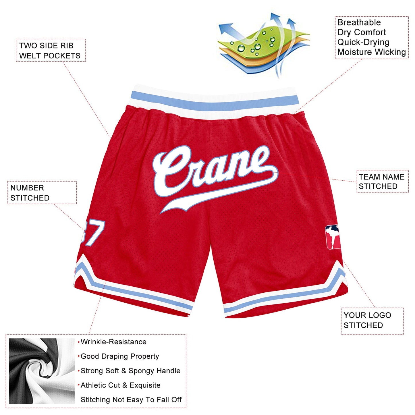 Custom Red White Light Blue Basketball Shorts - 2