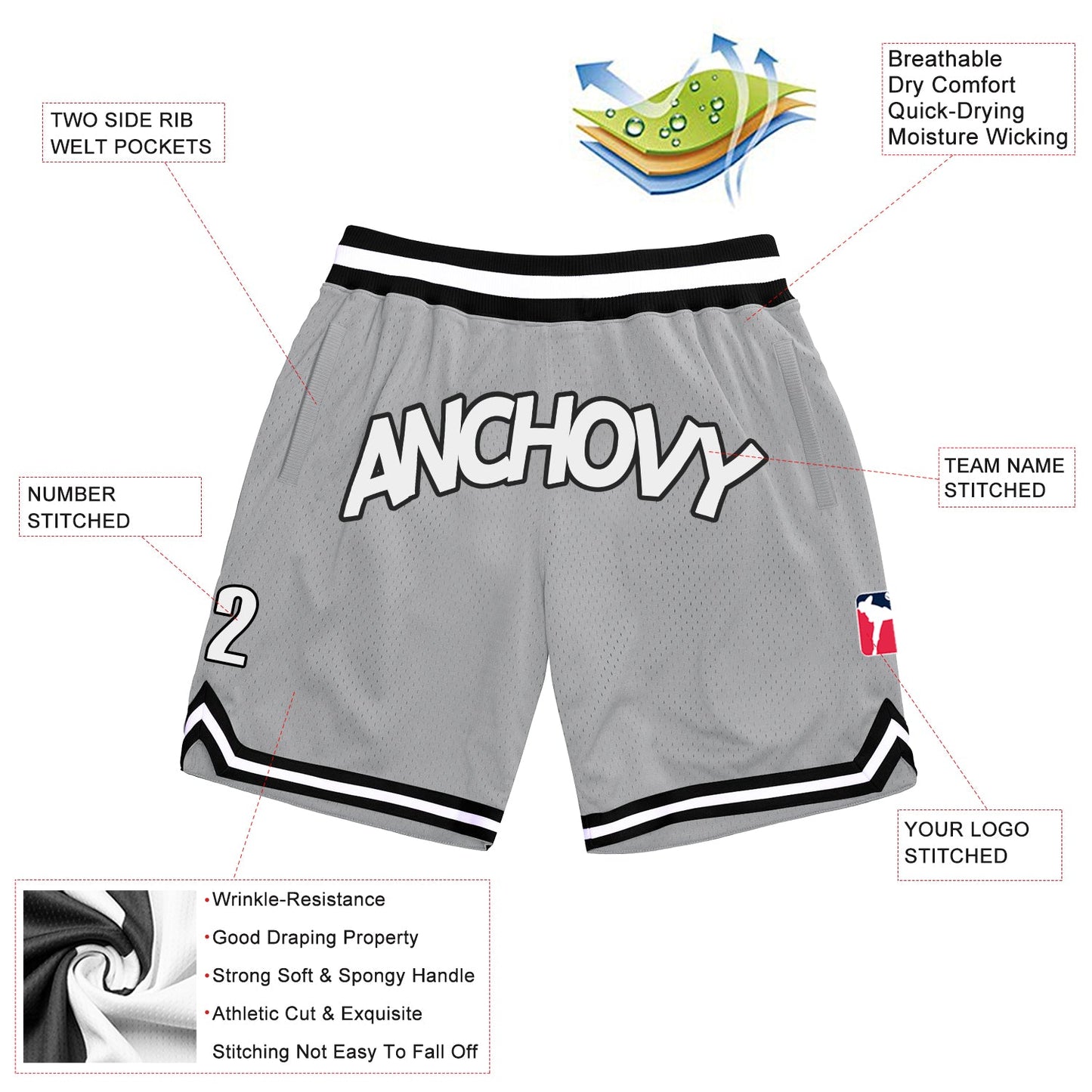 Custom Silver Gray White Black Basketball Shorts - 2