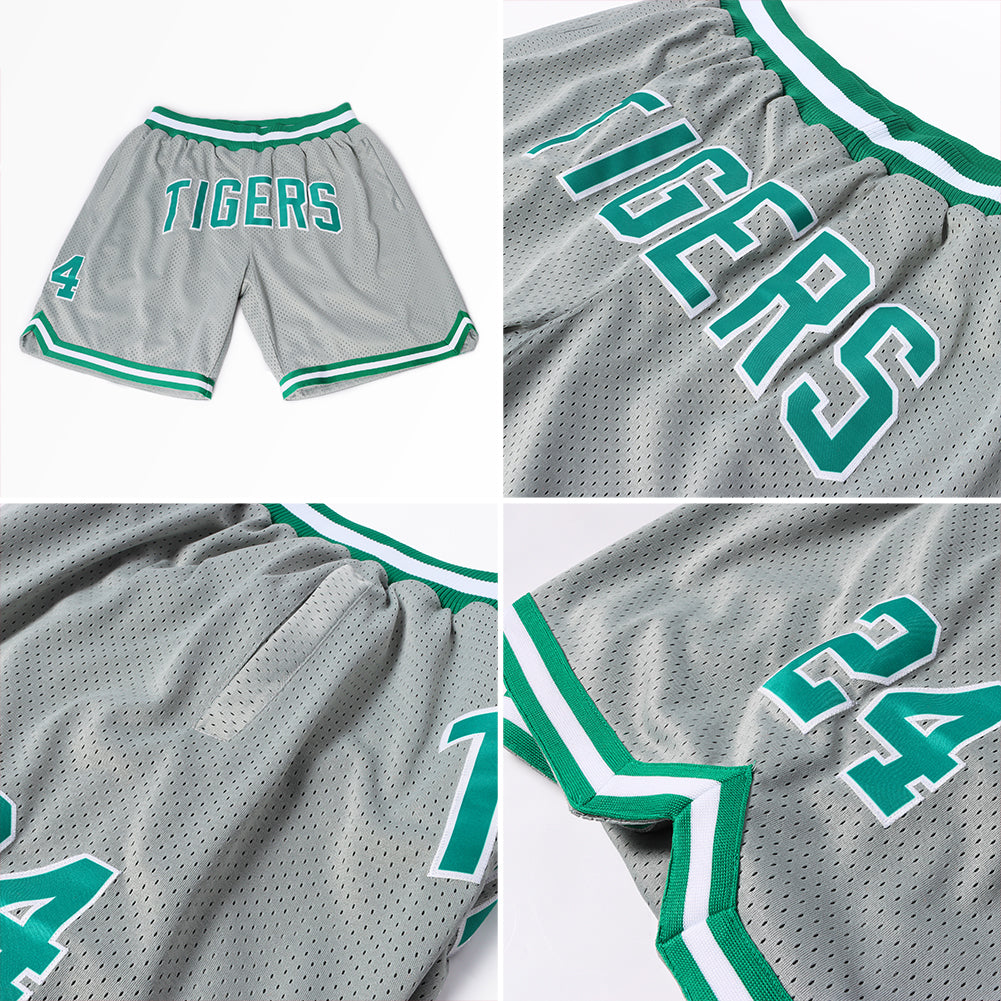 Custom Silver Gray Kelly Green White Basketball Shorts - 4
