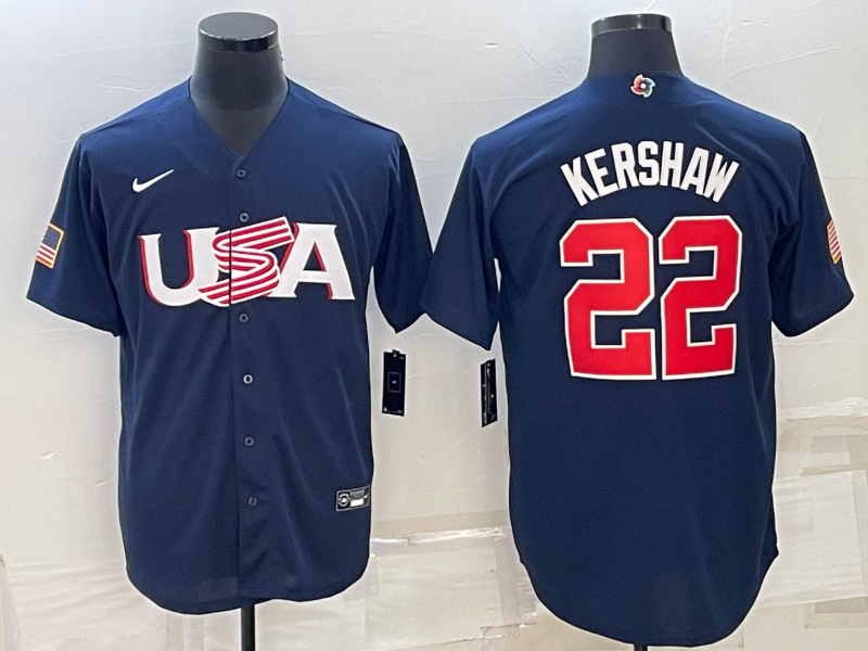 Men's 2023 World Baseball Classic #22 Clayton Kershaw USA Navy Jersey1