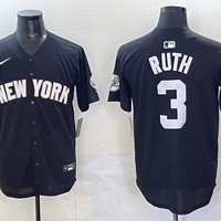 Men's New York Yankees Babe Ruth #3 Black Lights Out Replica Player Jersey