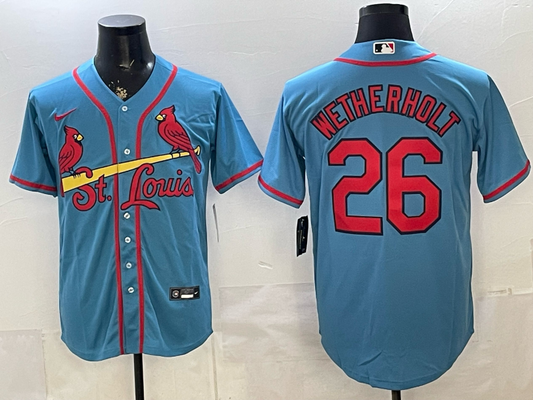 Men's St. Louis Cardinals JJ Wetherholt #26 Light Blue Alternate Replica Jersey
