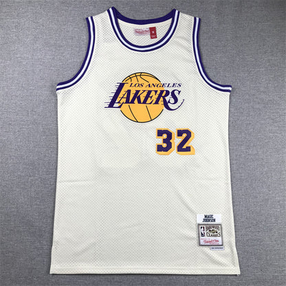 Men's Los Angeles Lakers Magic Johnson #32 Cream Hardwood Classics Swingman Jersey1