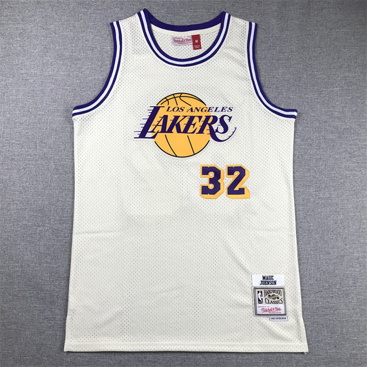 Men's Los Angeles Lakers Magic Johnson #32 Cream Hardwood Classics Swingman Jersey1
