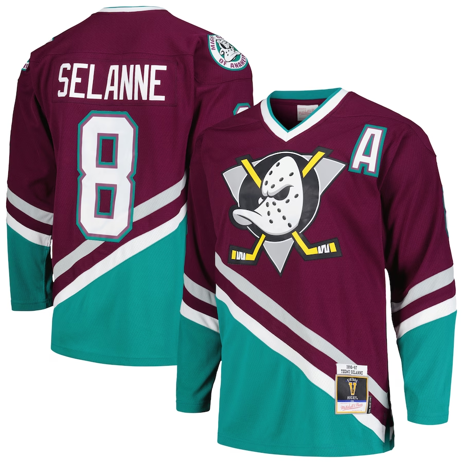 Men's Anaheim Ducks Teemu Selanne Mitchell #8 Ness Purple 1996/97 Alternate Captain Patch Blue Line Player Jersey1