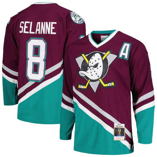 Men's Anaheim Ducks Teemu Selanne Mitchell #8 Ness Purple 1996/97 Alternate Captain Patch Blue Line Player Jersey1