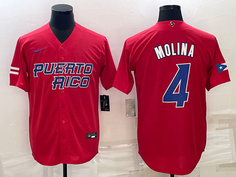 Men's 2023 World Baseball Classic #4 Yadier Molina Puerto Rico Red Jersey1