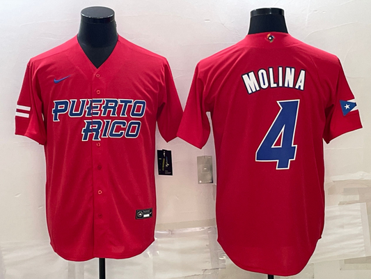 Men's 2023 World Baseball Classic #4 Yadier Molina Puerto Rico Red Jersey1
