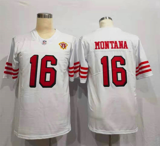 Men's San Francisco 49ers Joe Montana White 75th Anniversary Game Player Jersey1