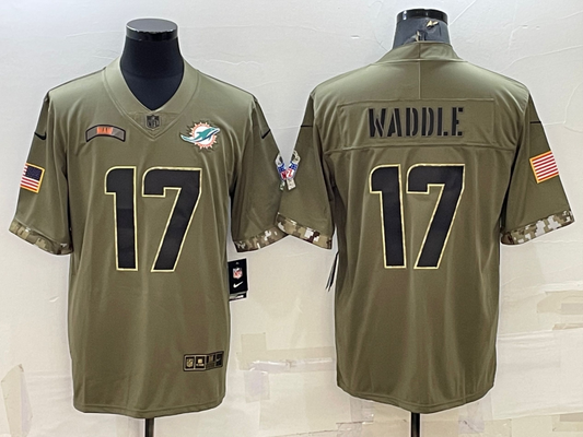 Men's Miami Dolphins Jaylen Waddle #17 Olive 2022 Salute To Service Limited Jersey1