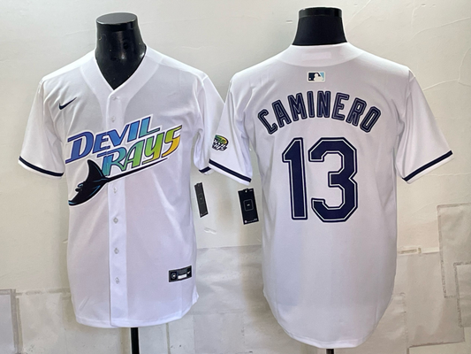 Men's Tampa Bay Rays Junior Caminero #13 White Replica Jersey
