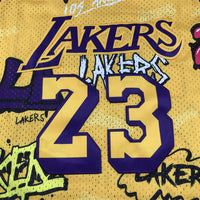Men's Los Angeles Lakers LeBron James #23 Yellow Swingman Graffiti Edition Jersey1