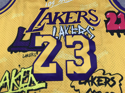 Men's Los Angeles Lakers LeBron James #23 Yellow Swingman Graffiti Edition Jersey1