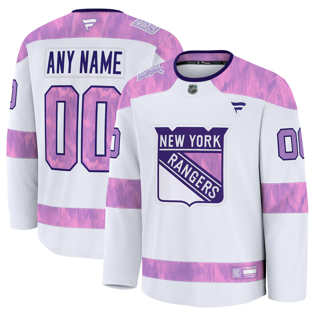Men's New York Rangers Fanatics White Purple 2024 Hockey Fights Cancer Practice Custom Jersey