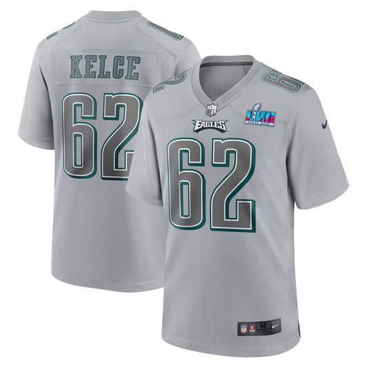 Men's Philadelphia Eagles Jason Kelce #62 Gray Super Bowl LVII Patch Atmosphere Fashion Game Jersey1