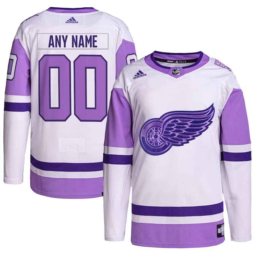 Men's Detroit Red Wings White/Purple Hockey Fights Cancer Primegreen Authentic Custom Jersey1