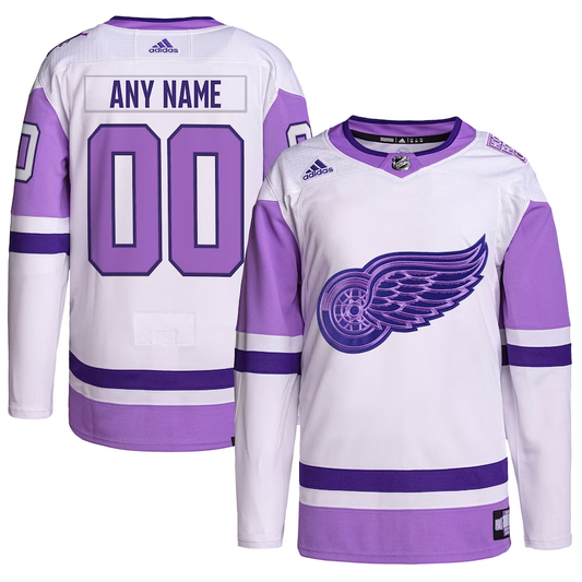 Men's Detroit Red Wings White/Purple Hockey Fights Cancer Primegreen Authentic Custom Jersey1
