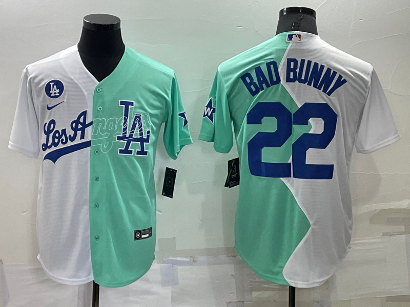 Men's Los Angeles Dodgers Bad Bunny #22 White/Green Replica Baseball Jersey1