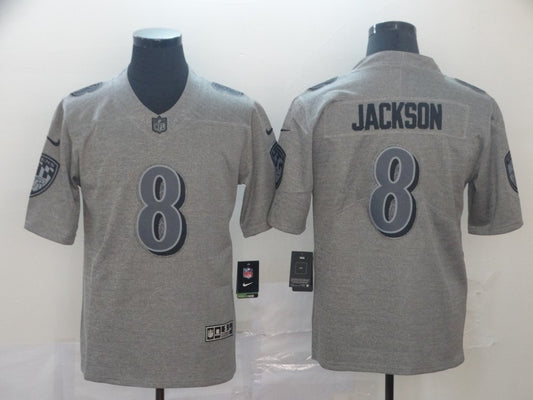 Men's Baltimore Ravens Lamar Jackson #8 Gray Game Jersey1