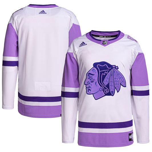 Men's Chicago Blackhawks White/Purple Hockey Fights Cancer Primegreen Authentic Blank Practice Jersey1