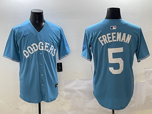 Men's Los Angeles Dodgers Freddie Freeman #5 Light Blue Limited Player Jersey1