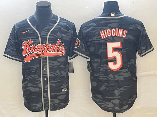 Men's Cincinnati Bengals Tee Higgins #5 Grey Camouflage Fashion Game Jersey1