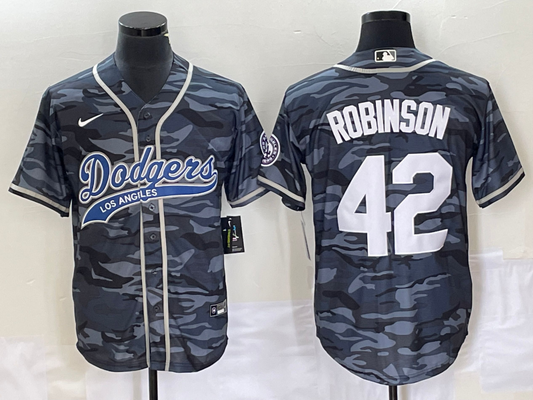 Men's Los Angeles Dodgers Jackie Robinson #42 Grey Camouflage Player Jersey1 Joint Edition