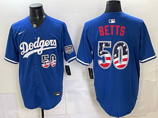 Men's Los Angeles Dodgers Mookie Betts #50 Royal USA 250 Fourth of July Home Stadium Jersey