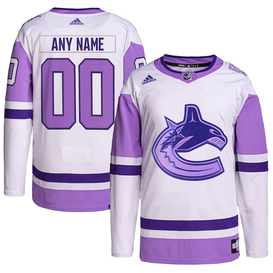 Men's Vancouver Canucks White/Purple Hockey Fights Cancer Primegreen Authentic Custom Jersey1