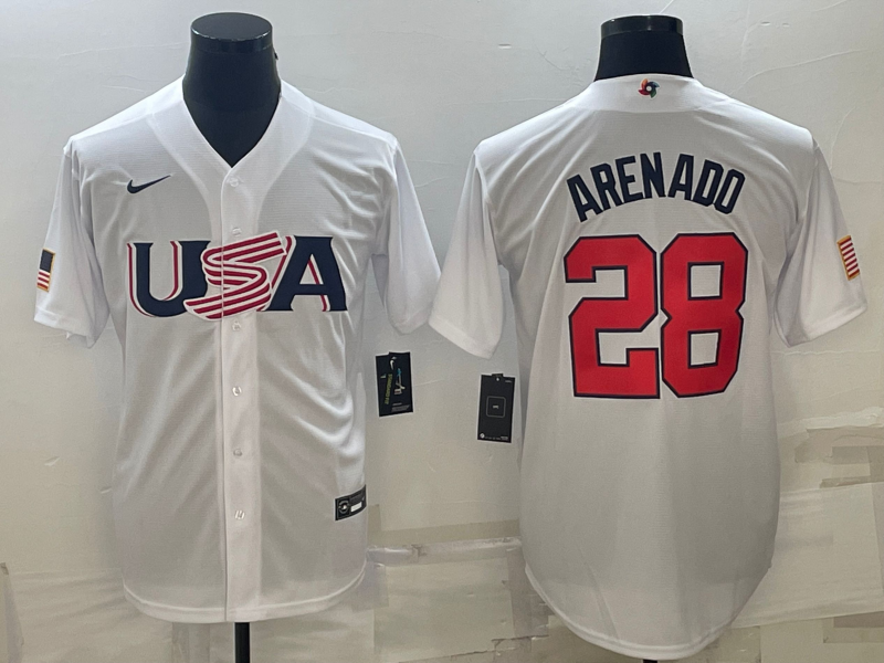 Men's 2023 World Baseball Classic #28 Nolan Arenado USA White Jersey1