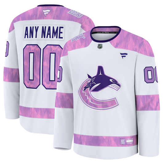 Men's Vancouver Canucks Fanatics White Purple 2024 Hockey Fights Cancer Practice Custom Jersey