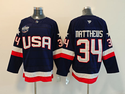 Men's United States 2025 4 Nations Face-Off Auston Matthews #34 Navy Breakaway Jersey