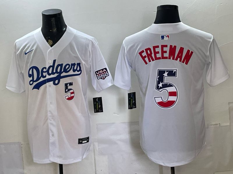 Men's Los Angeles Dodgers Freddie Freeman #5 White USA 250 Fourth of July Home Stadium Jersey