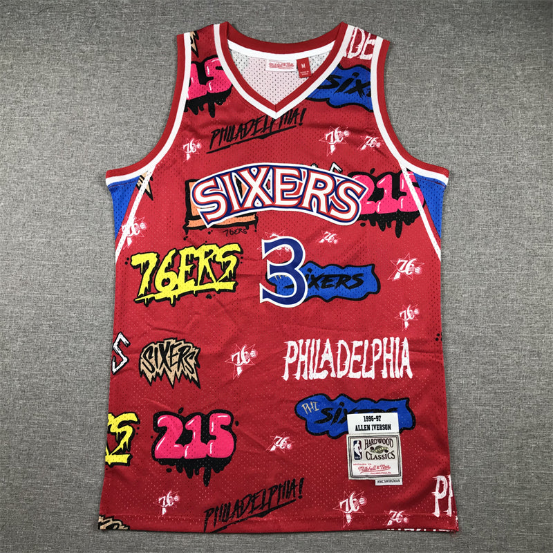 Men's Philadelphia 76ers Allen Iverson #3 Red Swingman Graffiti Edition Jersey1