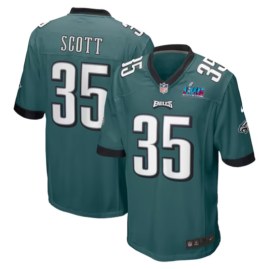 Men's Philadelphia Eagles Boston Scott #35 Midnight Green Super Bowl LVII Patch Game Jersey1